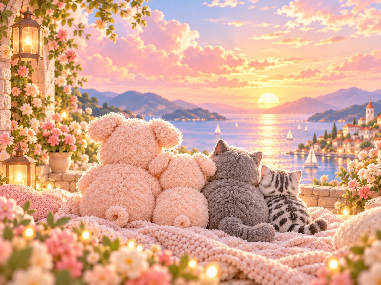 猪猪、小猪和两只猫咪一起看夕阳