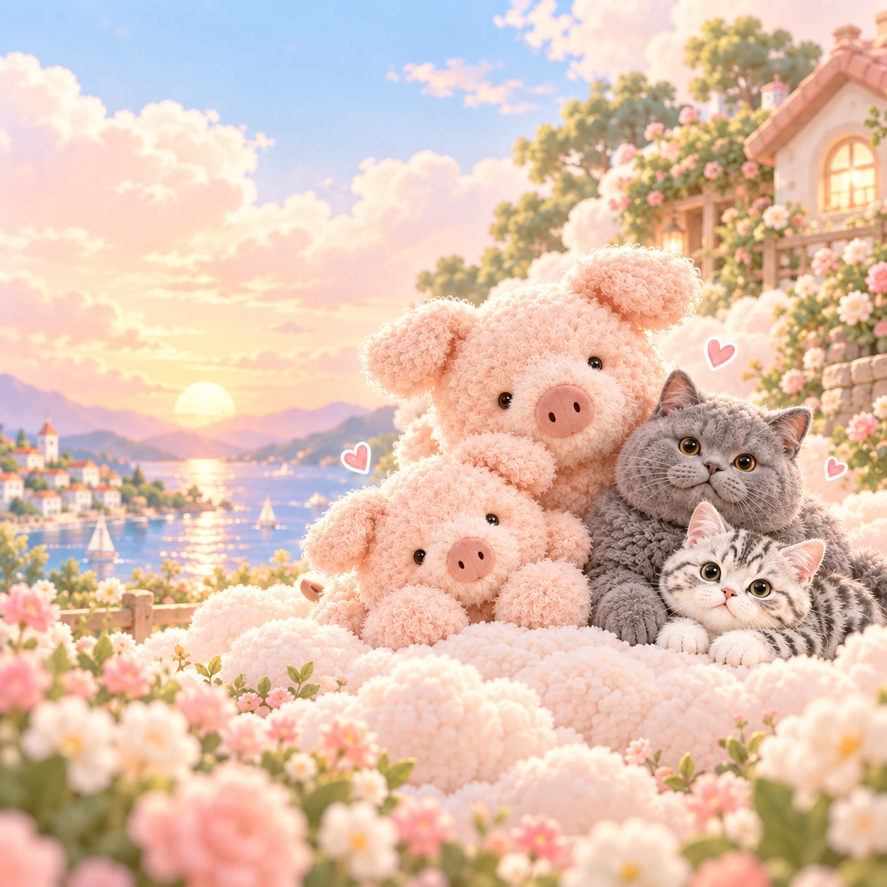 猪猪、小猪，一只英短蓝猫和一只美短银虎斑依偎在一起